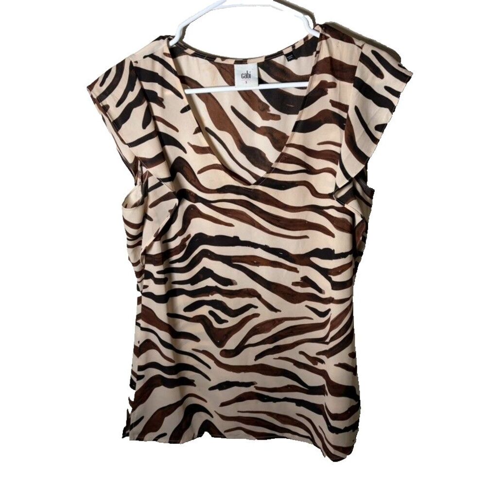 Cabi Blouse Women's Small V-Neck Zebra Printed Ruffle Short Sleeve Top Shirt